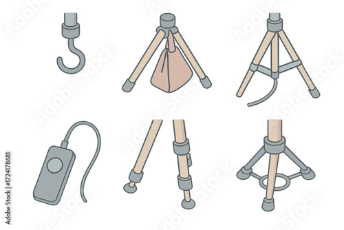 Camera Stability Tools. Isometric vector illustration set Camera Stability Accessories: weighted tripod hook, sandbag on legs,