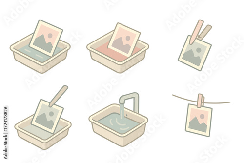 Photo Developing Process. Isometric vector illustration set Photo Print Developing Process: exposed paper entering developer bath,
