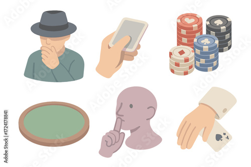Poker Bluff Icons. Isometric vector illustration set Poker Chips Card Bluff: player with face partially hidden, hand holding