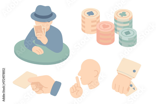 Poker Bluff Icons. Isometric vector illustration set Poker Chips Card Bluff: player with face partially hidden, hand holding