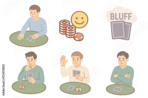 Bluffing Poker Tactics. Isometric vector illustration set Hidden Card Bluff Variations: player tapping table, smirk icon near