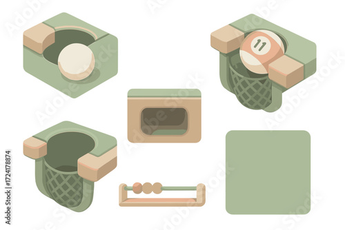 Pool Table Details. Isometric vector illustration set Pocketed Ball and Table Details: cue ball next to pocket drop, striped ball