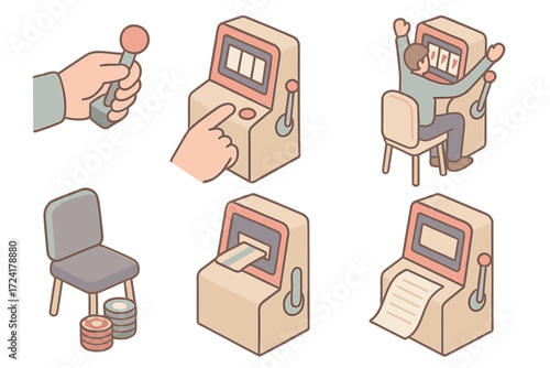 Casino Slot Gameplay. Isometric vector illustration set Player Interaction with Slot: hand gripping lever, finger tapping spin