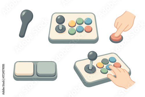 Retro Arcade Controls. Isometric vector illustration set Joystick and Control Panel Details: close-up of joystick grip, colorful