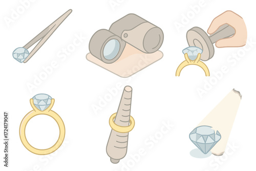 Jewelry Craft Essentials. Isometric vector illustration set Diamond Ring Craft and Details: gem held in tweezers, magnifier loupe