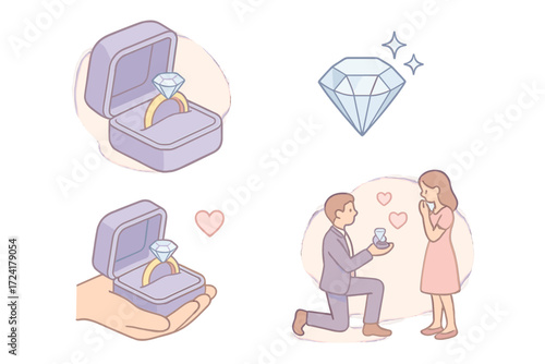 Romantic Ring Proposal. Isometric vector illustration set Diamond Ring Gemstone Proposal: open velvet ring box with diamond ring