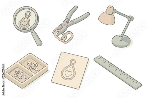 Artisan Jewelry Workshop. Isometric vector illustration set Artisan Jewelry Workshop: magnifying glass over pendant, chain link