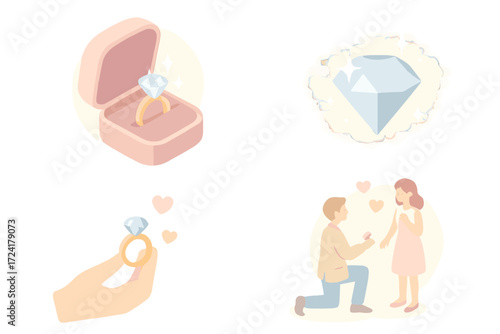 Romantic Ring Proposal. Isometric vector illustration set Diamond Ring Gemstone Proposal: open velvet ring box with diamond ring