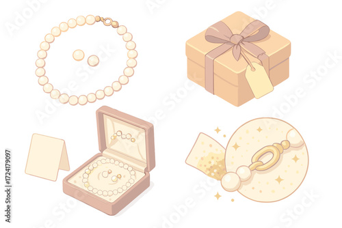 Pearl Earring Gift Set. Isometric vector illustration set Pearl Earring Gift Set: matching pearl necklace and studs, box with