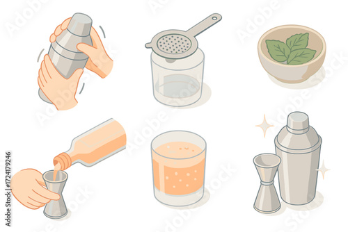 Cocktail Mixing Essentials. Isometric vector illustration set Mixing a Cocktail Scene: shaker being shaken by hands, strainer