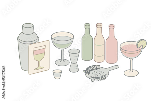 Isometric Cocktail Elements. Isometric vector illustration set Cocktail Recipe Elements: shaker beside recipe card, drawn outline
