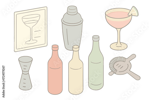 Isometric Cocktail Elements. Isometric vector illustration set Cocktail Recipe Elements: shaker beside recipe card, drawn outline