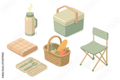 Outdoor Picnic Essentials. Isometric vector illustration set Outdoor Picnic Gear: thermos flask with steam, insulated cooler box,