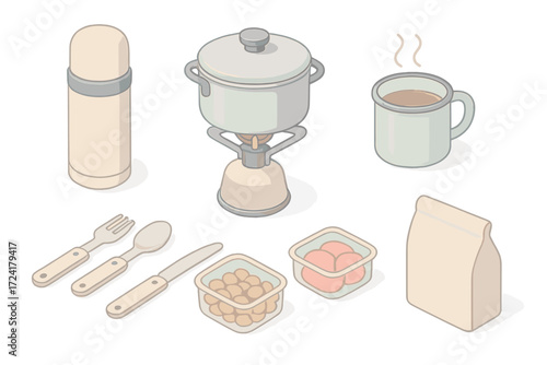Campfire Cooking Essentials. Isometric vector illustration set Campfire Cooking Kit: insulated drink flask, portable stove with