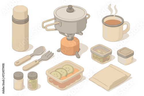 Campfire Cooking Essentials. Isometric vector illustration set Campfire Cooking Kit: insulated drink flask, portable stove with