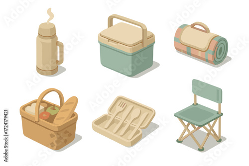 Outdoor Picnic Essentials. Isometric vector illustration set Outdoor Picnic Gear: thermos flask with steam, insulated cooler box,