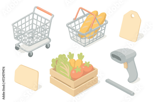 Mini Market Essentials. Isometric vector illustration set Mini Market Scene: half-size shopping cart, mesh basket with bread,