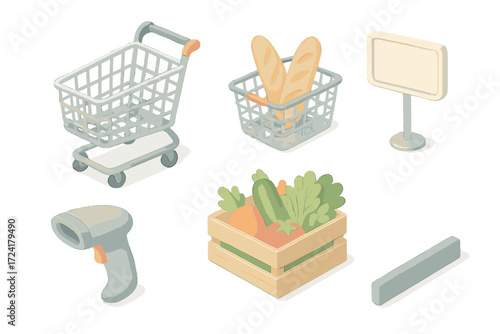 Mini Market Essentials. Isometric vector illustration set Mini Market Scene: half-size shopping cart, mesh basket with bread,
