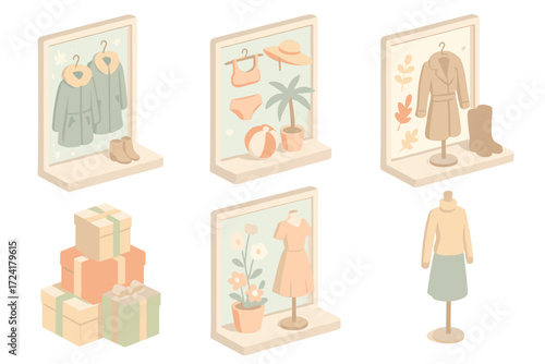 Seasonal Window Displays. Isometric vector illustration set Seasonal Window Themes: winter display with snowflakes and coats,