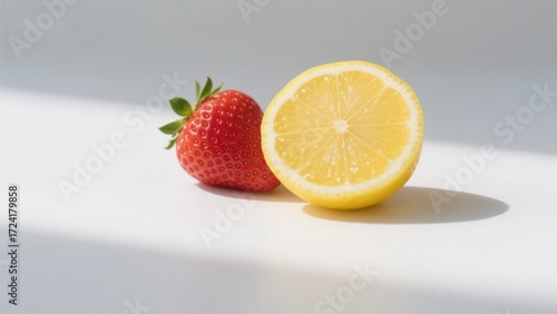 A fresh strawberry and a halved lemon placed side by side on a bright white surface with soft shadows.