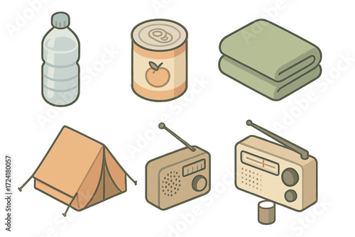 Disaster Prep Essentials. Isometric vector illustration set of natural disaster preparedness icons: water bottle, canned food,
