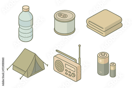 Disaster Prep Essentials. Isometric vector illustration set of natural disaster preparedness icons: water bottle, canned food,
