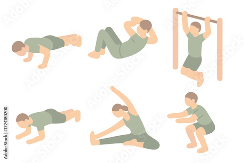 Minimalist Fitness Icons. Isometric vector illustration set of minimalist bodyweight training icons: push-up silhouette, sit-up