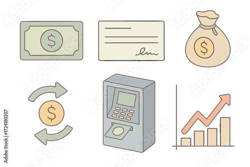 Income Icons Collection. Isometric vector illustration set of income icons: salary banknote, paycheck document, coin bag, money