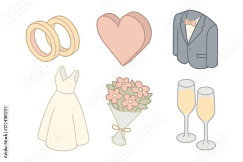 Wedding Icon Set. Isometric vector illustration set of simple wedding icons: wedding rings, heart symbol, bride dress, groom suit,