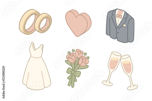 Wedding Icon Set. Isometric vector illustration set of simple wedding icons: wedding rings, heart symbol, bride dress, groom suit,