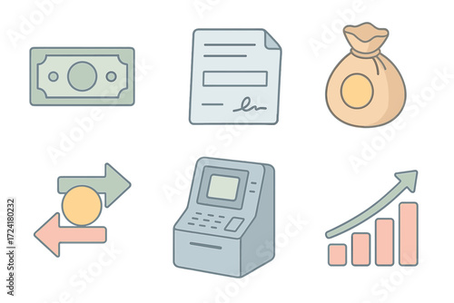 Income Icons Collection. Isometric vector illustration set of income icons: salary banknote, paycheck document, coin bag, money