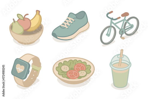 Healthy Living Icons. Isometric vector illustration set of healthy lifestyle icons: fruit bowl, running shoe, bicycle, smartwatch