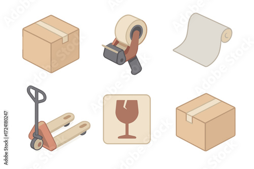 Pastel Packaging Icons. Isometric vector illustration set of packaging icons: cardboard box, tape dispenser, bubble wrap, fragile