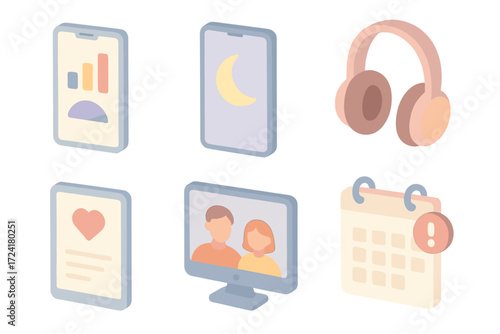 Digital Wellbeing Icons. Isometric vector illustration set of digital wellbeing icons: screen time app, phone with moon sleep mode