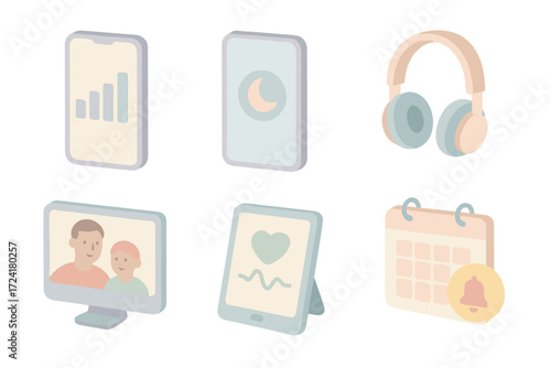 Digital Wellbeing Icons. Isometric vector illustration set of digital wellbeing icons: screen time app, phone with moon sleep mode