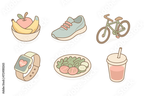 Healthy Living Icons. Isometric vector illustration set of healthy lifestyle icons: fruit bowl, running shoe, bicycle, smartwatch