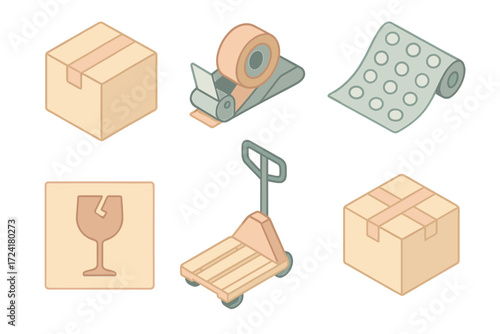 Pastel Packaging Icons. Isometric vector illustration set of packaging icons: cardboard box, tape dispenser, bubble wrap, fragile