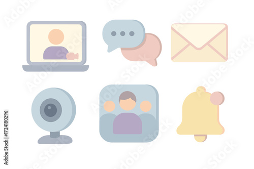 Virtual Communication Icons. Isometric vector illustration set of virtual communication icons: video call screen, chat bubbles,