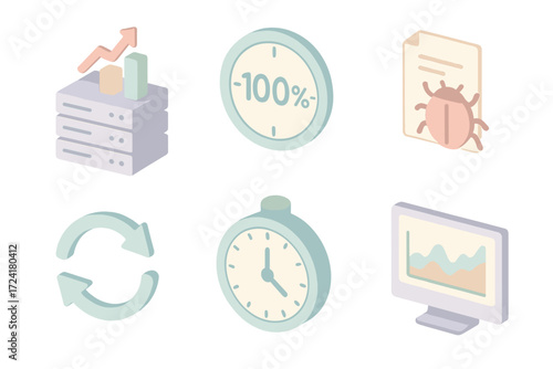 IT Performance Icons. Isometric vector illustration set of IT performance icons: server with chart, uptime percentage, bug report,