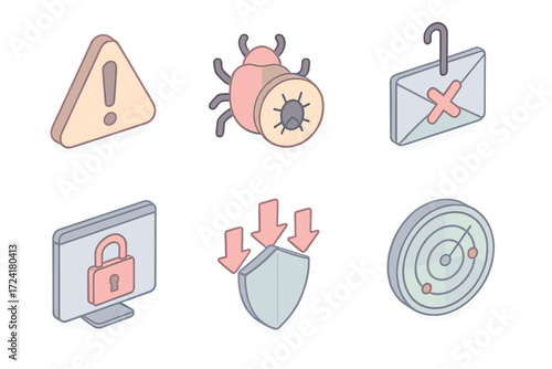 Cyber Security Icons. Isometric vector illustration set of cyber attack prevention icons: alert triangle, malware bug blocked,