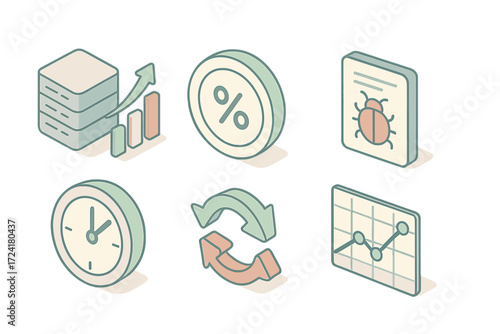 IT Performance Icons. Isometric vector illustration set of IT performance icons: server with chart, uptime percentage, bug report,