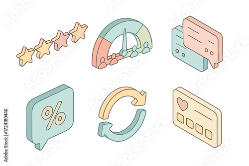 Customer KPI Icons. Isometric vector illustration set of customer KPI icons: star rating, NPS chart, support tickets, chat bubble