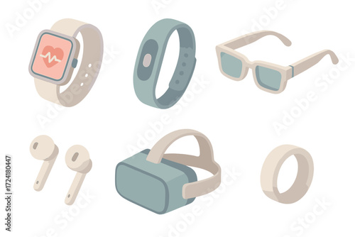 Smart Wearable Gadgets. Isometric vector illustration set of smart wearable devices: smartwatch with heart rate, fitness tracker
