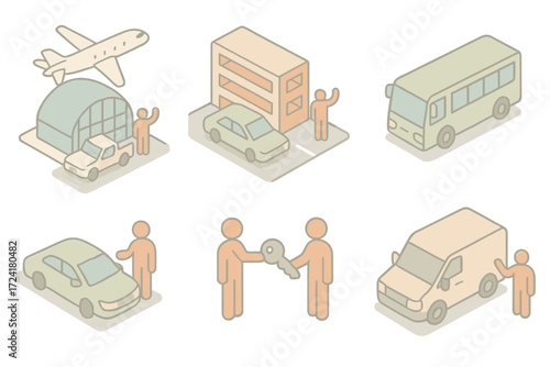 Transport Service Icons. Isometric vector illustration set of pick-up and drop-off icons: airport terminal, parking lot, shuttle