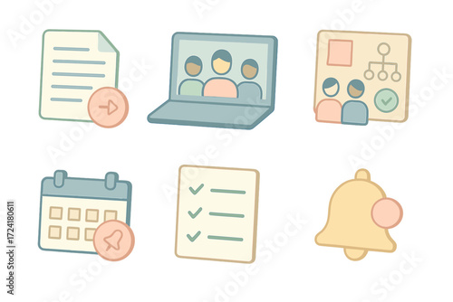 Office Collaboration Icons. Isometric vector illustration set of office collaboration icons: shared document, group video chat,