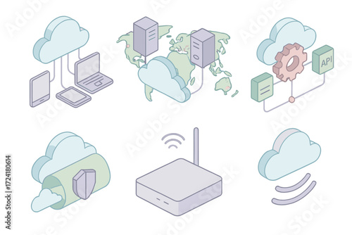 Cloud Networking Icons. Isometric vector illustration set of cloud networking icons: connected devices, global server map, API