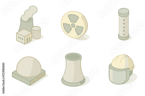 Nuclear Energy Icons. Isometric vector illustration set of nuclear energy icons: nuclear plant, radiation symbol, uranium fuel rod