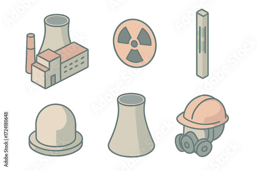 Nuclear Energy Icons. Isometric vector illustration set of nuclear energy icons: nuclear plant, radiation symbol, uranium fuel rod