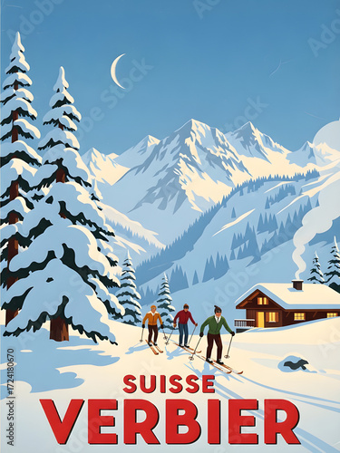 Vintage swiss ski poster featuring verbier and snow covered mountains