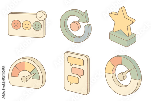 Customer KPI Icons. Isometric vector illustration set of customer KPI icons: smiling face rating, retention circle, loyalty star,